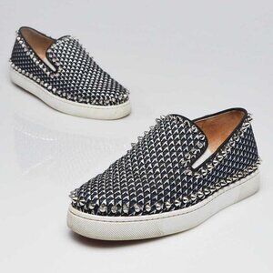 Christian Louboutin Blue/Black/Silver Fabric Spiked Flat Boat Shoes Size 6/36.5